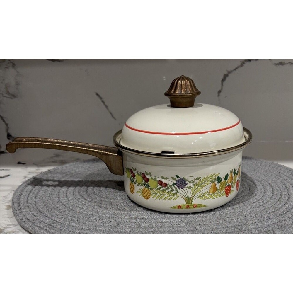 Vintage Asta Enamel Saucepan With Lid 1 Quart White Fruit Print Brass Handle